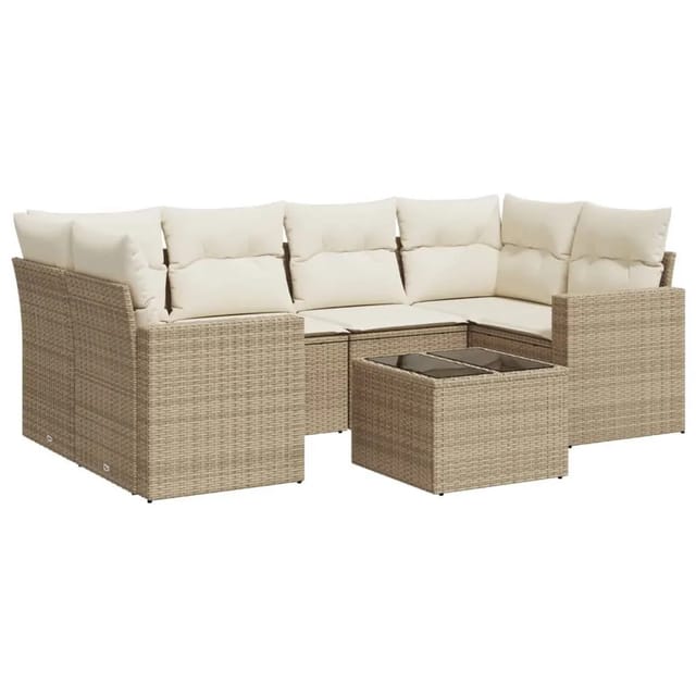 vidaXL 7-Tlg Garten-Sofagarnitur mit Kissen Beige Poly Rattan 3251055