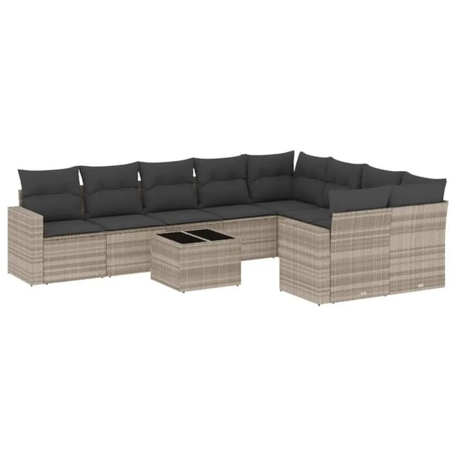 vidaXL 10-Tlg Garten-Sofagarnitur mit Kissen Hellgrau Poly Rattan 3251789