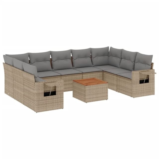 vidaXL 10-Tlg Garten-Sofagarnitur mit Kissen Beige Poly Rattan 3224708