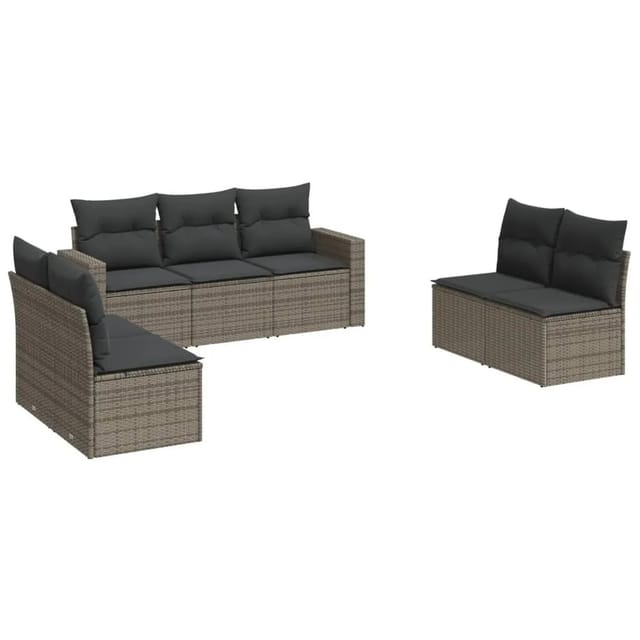 vidaXL 7-Tlg Garten-Sofagarnitur mit Kissen Grau Poly Rattan 3251167