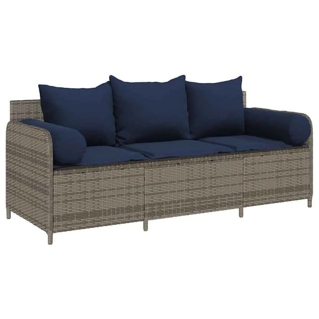 vidaXL Gartensofa mit Kissen 3-Sitzer Grau Poly Rattan 4104179