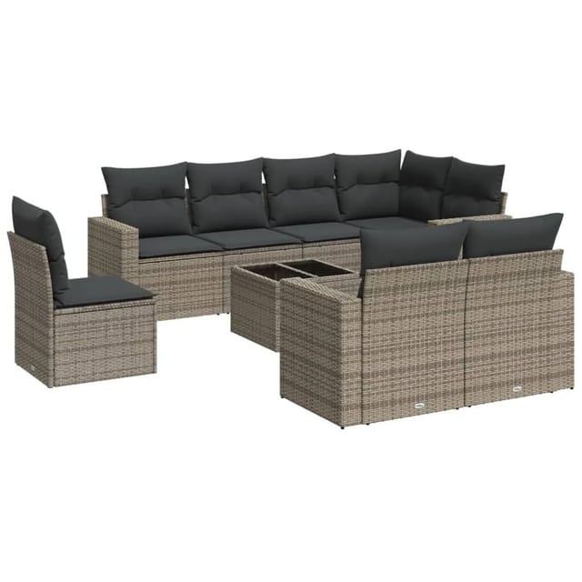 vidaXL 9-Tlg Garten-Sofagarnitur mit Kissen Grau Poly Rattan 3251587