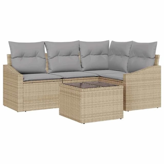 vidaXL Gartensofa-Set mit Kissen 5 Stk Beige und Hellgrau Poly-Rattan 3355379