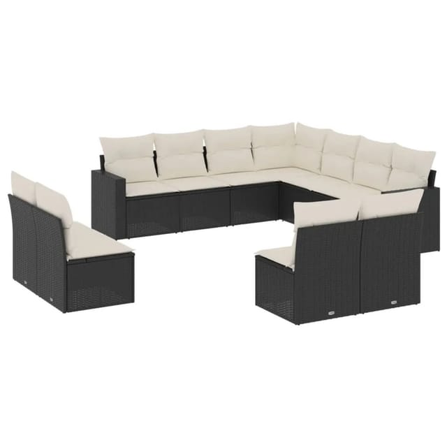 vidaXL 11-Tlg Garten-Sofagarnitur mit Kissen Schwarz Poly Rattan 3251463