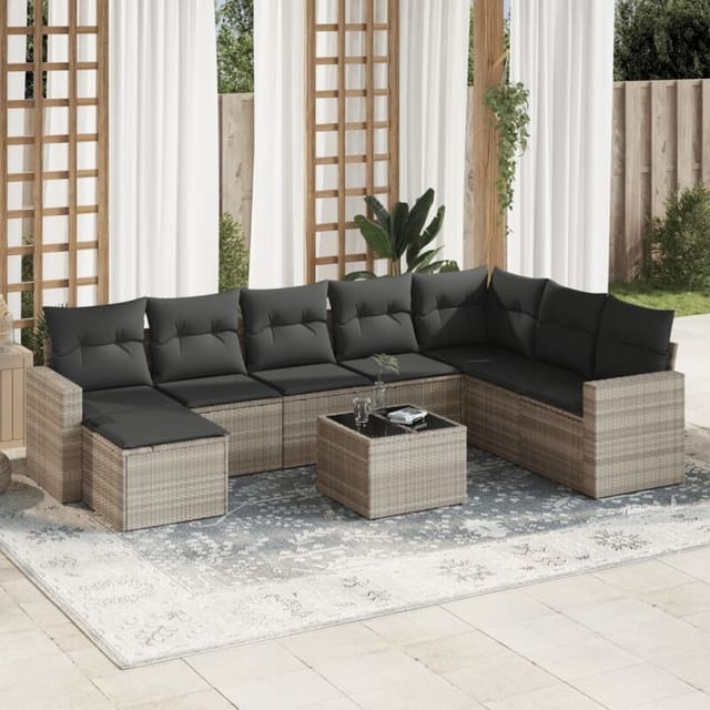 vidaXL 9-Tlg Garten-Sofagarnitur mit Kissen Hellgrau Poly Rattan 3251709