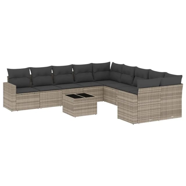 vidaXL 11-Tlg Garten-Sofagarnitur mit Kissen Hellgrau Poly Rattan 3251859