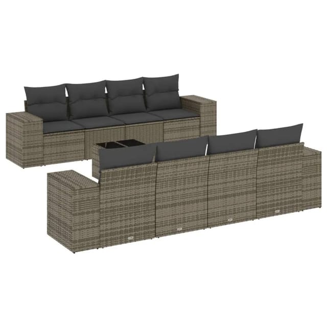 vidaXL 9-Tlg Garten-Sofagarnitur mit Kissen Grau Poly Rattan 3222349