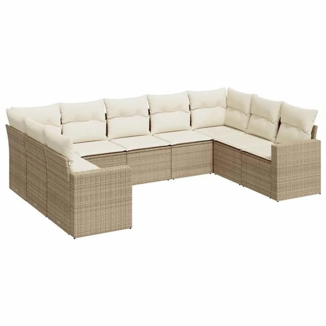 vidaXL 9-Tlg Garten-Sofagarnitur mit Kissen Beige Poly Rattan 3251735