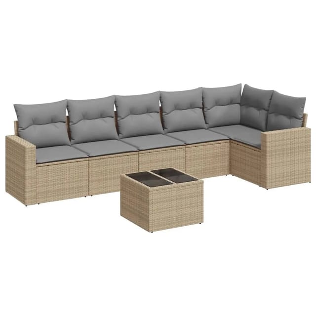 vidaXL 7-Tlg Garten-Sofagarnitur mit Kissen Beige Poly Rattan 3251336
