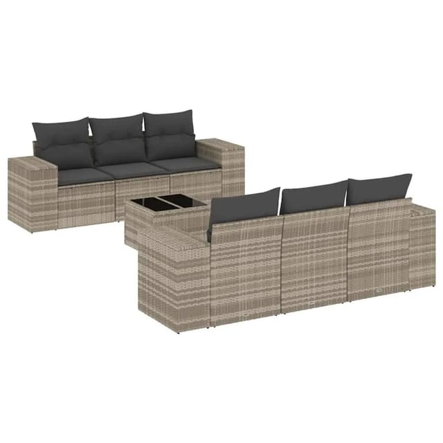 vidaXL 7-Tlg Garten-Sofagarnitur mit Kissen Hellgrau Poly Rattan 3222311
