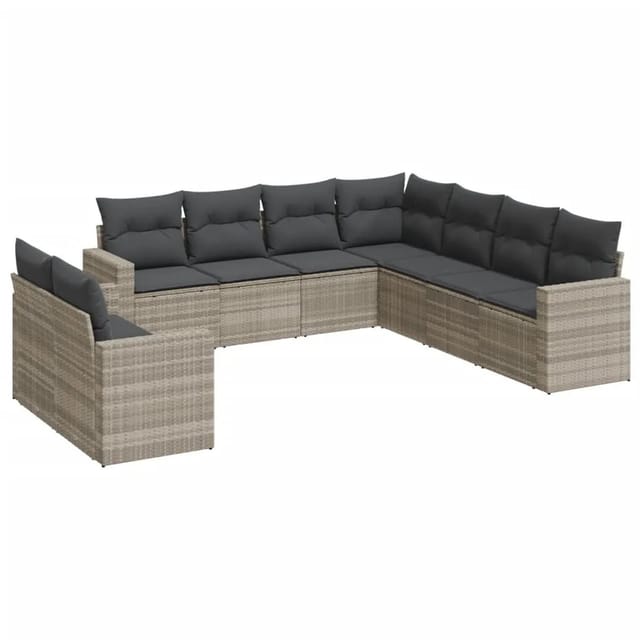 vidaXL 9-Tlg Garten-Sofagarnitur mit Kissen Hellgrau Poly Rattan 3251489