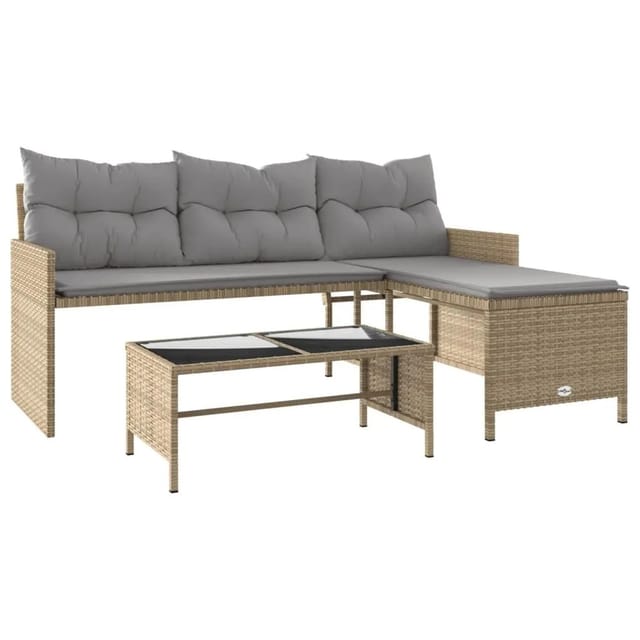 vidaXL Gartensofa in L-Form mit Tisch und Kissen Beige Poly Rattan 365576