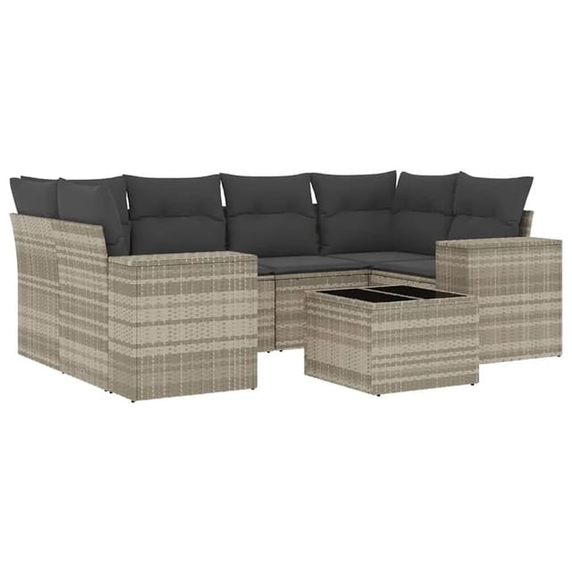 vidaXL 7-Tlg Garten-Sofagarnitur mit Kissen Hellgrau Poly Rattan 3222321