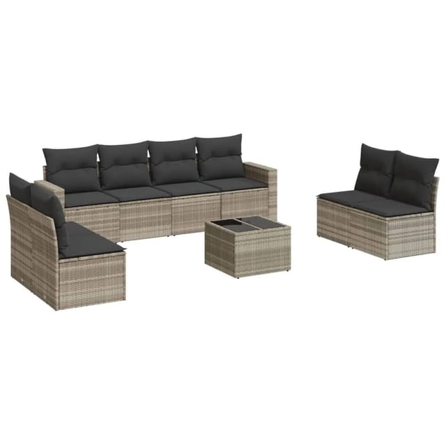 vidaXL 9-Tlg Garten-Sofagarnitur mit Kissen Hellgrau Poly Rattan 3251199