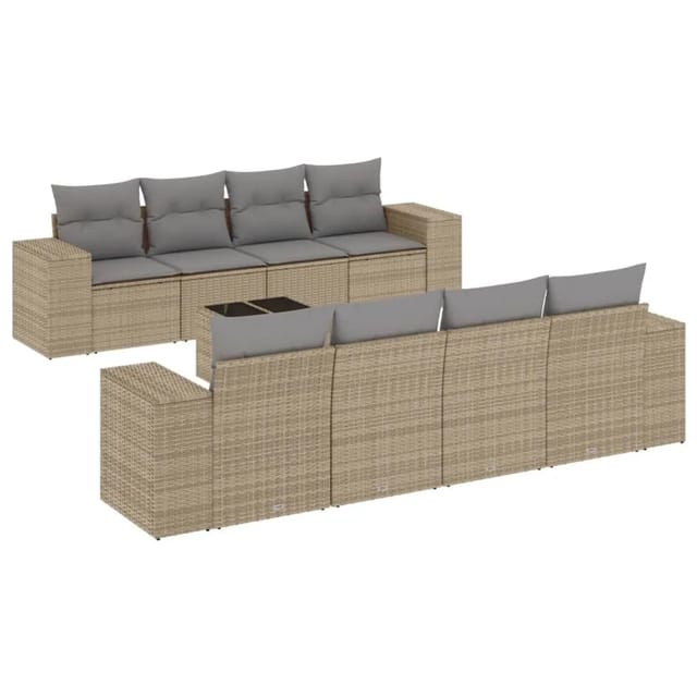 vidaXL 9-Tlg Garten-Sofagarnitur mit Kissen Beige Poly Rattan 3222348