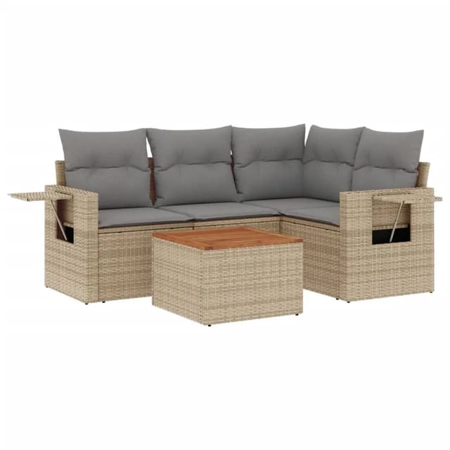 vidaXL 5-Tlg Garten-Sofagarnitur mit Kissen Beige Poly Rattan 3224547
