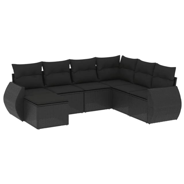 vidaXL 7-Tlg Garten-Sofagarnitur mit Kissen Schwarz Poly Rattan 3221694
