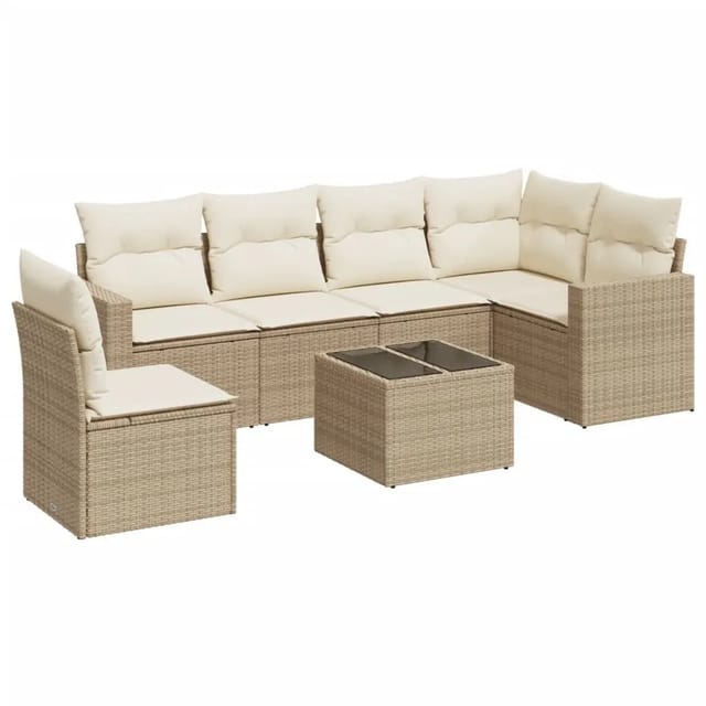 vidaXL 7-Tlg Garten-Sofagarnitur mit Kissen Beige Poly Rattan 3251375