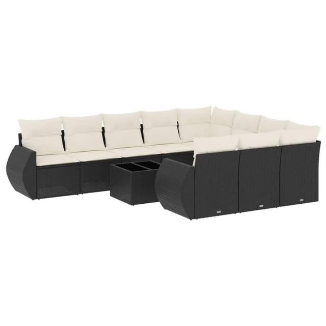 vidaXL 11-Tlg Garten-Sofagarnitur mit Kissen Schwarz Poly Rattan 3221895