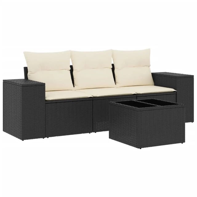 vidaXL 4-Tlg Garten-Sofagarnitur mit Kissen Schwarz Poly Rattan 3222265