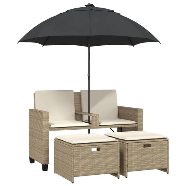 vidaXL Gartensofa 2-Sitzer Sonnenschirm und Hocker Beige Poly-Rattan 365886