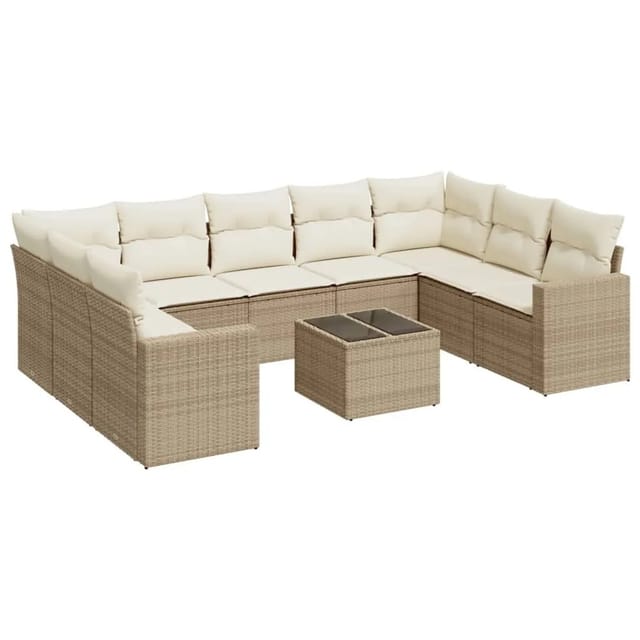 vidaXL 10-Tlg Garten-Sofagarnitur mit Kissen Beige Poly Rattan 3251745