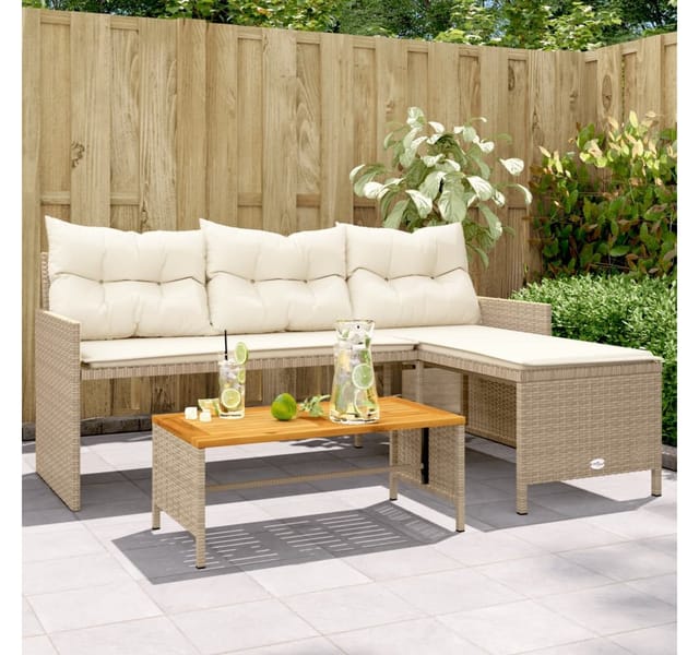 vidaXL Gartensofa in L-Form mit Tisch und Kissen Beige Poly Rattan 365583
