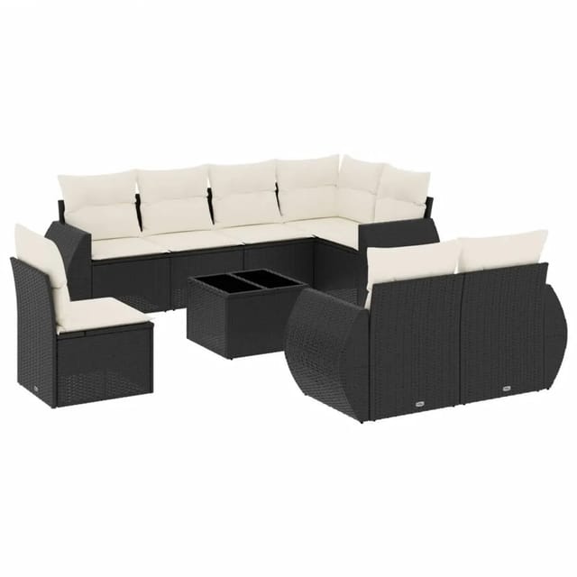 vidaXL 9-Tlg Garten-Sofagarnitur mit Kissen Schwarz Poly Rattan 3221645