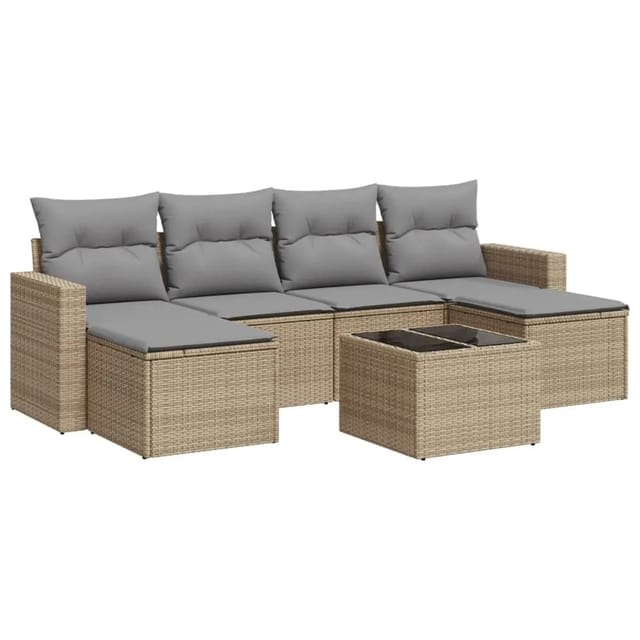 vidaXL 7-Tlg Garten-Sofagarnitur mit Kissen Beige Poly Rattan 3251666