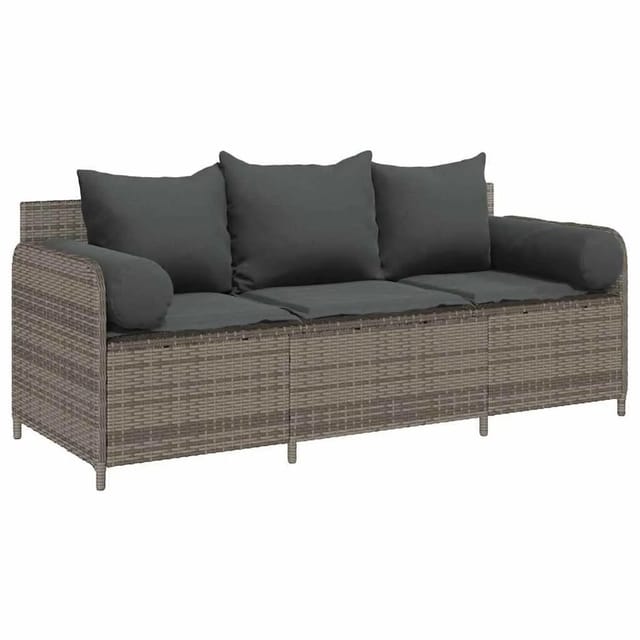 vidaXL Gartensofa mit Kissen 3-Sitzer Grau Poly Rattan 4104174