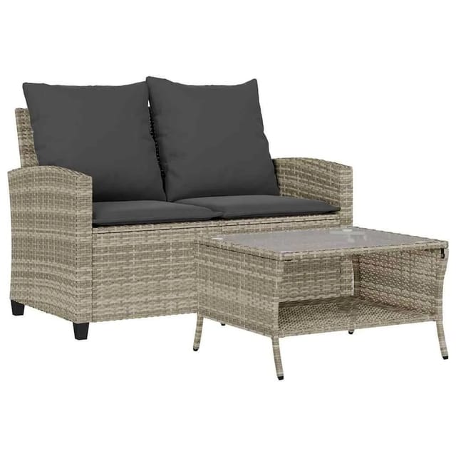 vidaXL Gartensofa 2-Sitzer mit Kissen & Tisch Hellgrau Poly Rattan 4103850