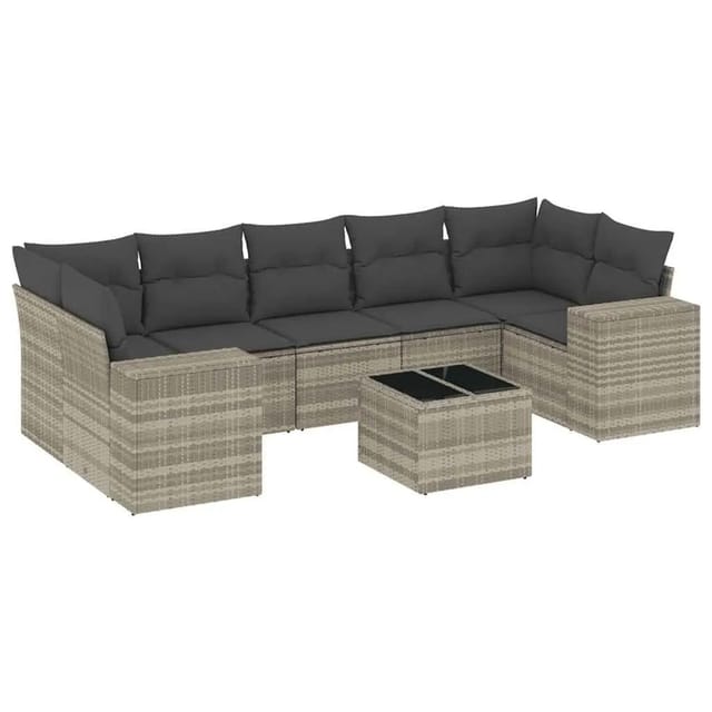 vidaXL 8-Tlg Garten-Sofagarnitur mit Kissen Hellgrau Poly Rattan 3222341