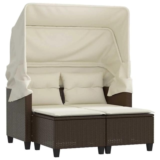 vidaXL Gartensofa 2-Sitzer mit Dach und Hockern Braun Poly Rattan 365782