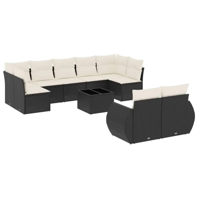 vidaXL 10-Tlg Garten-Sofagarnitur mit Kissen Schwarz Poly Rattan 3221825