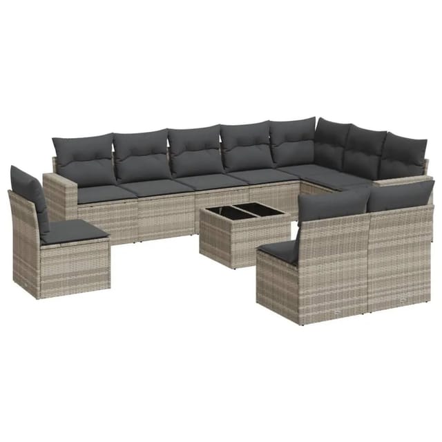 vidaXL 11-Tlg Garten-Sofagarnitur mit Kissen Hellgrau Poly Rattan 3251459