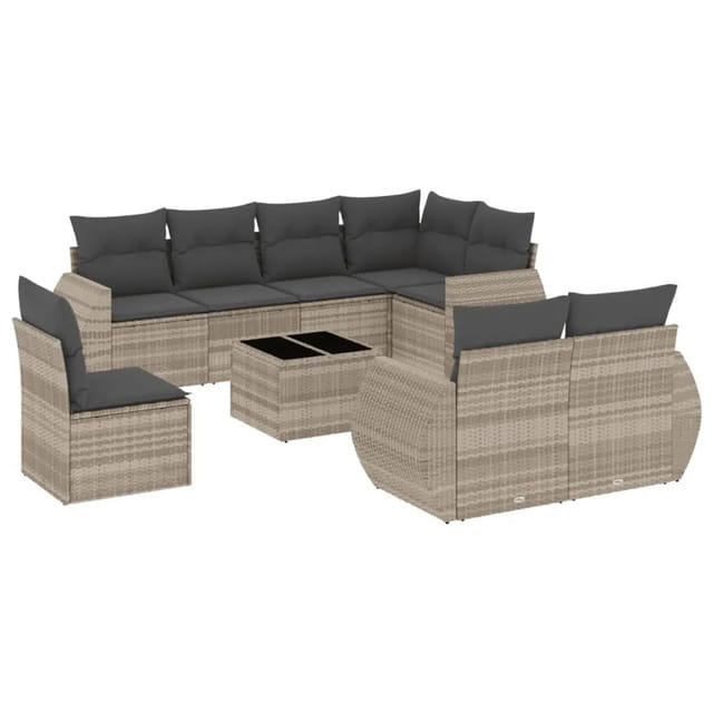 vidaXL 9-Tlg Garten-Sofagarnitur mit Kissen Hellgrau Poly Rattan 3221651