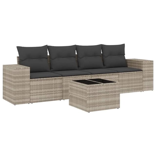 vidaXL 5-Tlg Garten-Sofagarnitur mit Kissen Hellgrau Poly Rattan 3222291