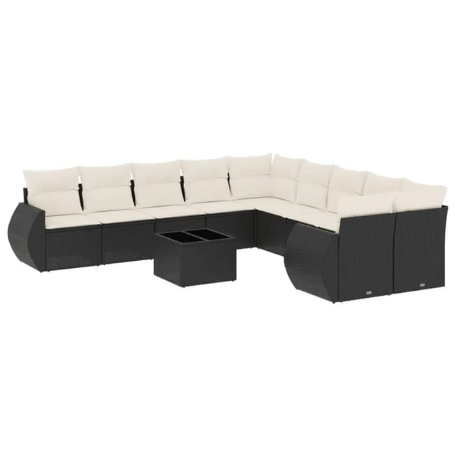 vidaXL 11-Tlg Garten-Sofagarnitur mit Kissen Schwarz Poly Rattan 3221915