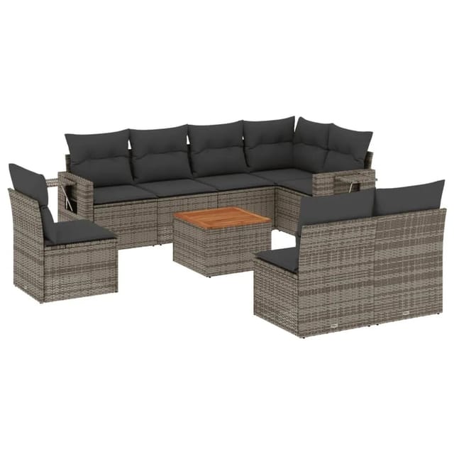 vidaXL 9-Tlg Garten-Sofagarnitur mit Kissen Grau Poly Rattan 3224604
