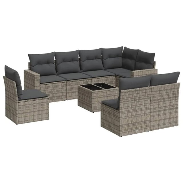 vidaXL 9-Tlg Garten-Sofagarnitur mit Kissen Grau Poly Rattan 3251417