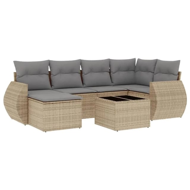 vidaXL 7-Tlg Garten-Sofagarnitur mit Kissen Beige Poly Rattan 3221668