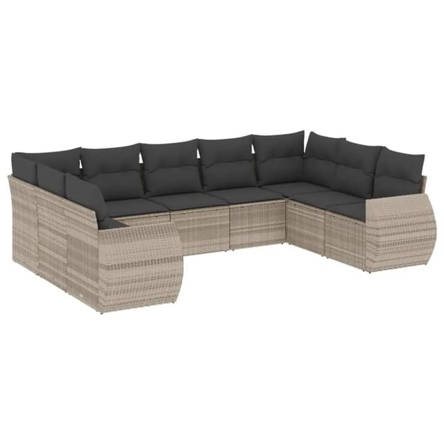 vidaXL 9-Tlg Garten-Sofagarnitur mit Kissen Hellgrau Poly Rattan 3221801