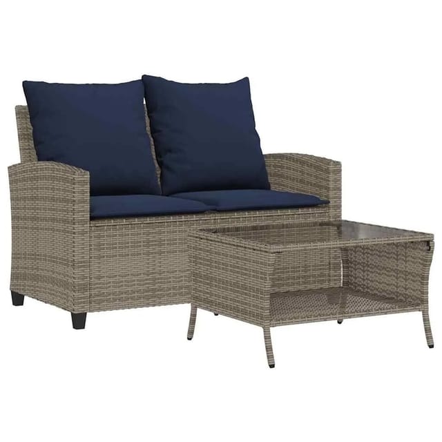 vidaXL Gartensofa 2-Sitzer mit Kissen & Tisch Grau Poly Rattan 4103852