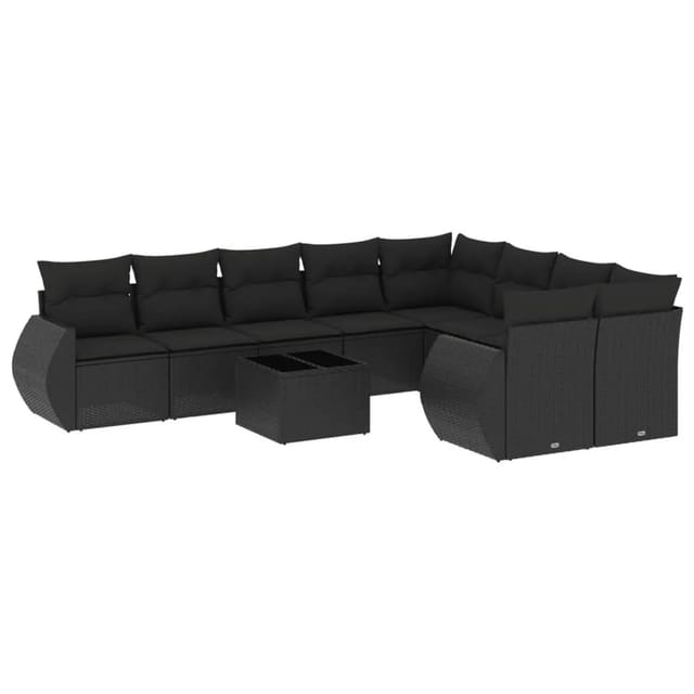 vidaXL 10-Tlg Garten-Sofagarnitur mit Kissen Schwarz Poly Rattan 3221844