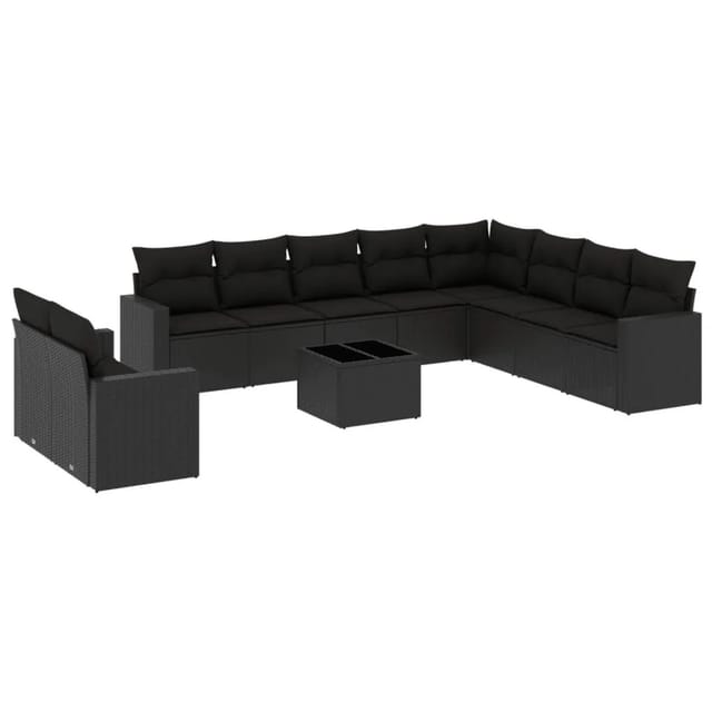 vidaXL 11-Tlg Garten-Sofagarnitur mit Kissen Schwarz Poly Rattan 3251512