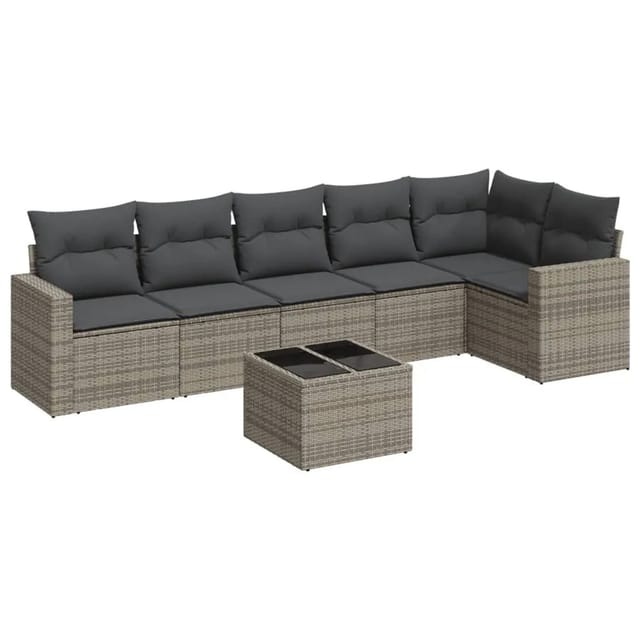 vidaXL 7-Tlg Garten-Sofagarnitur mit Kissen Grau Poly Rattan 3251337