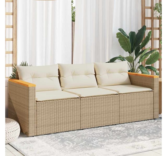 vidaXL Gartensofa mit Kissen 3-Sitzer Beige Poly Rattan 365831