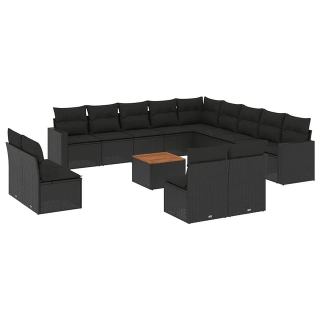 vidaXL 14-Tlg Garten-Sofagarnitur mit Kissen Schwarz Poly Rattan 3224375