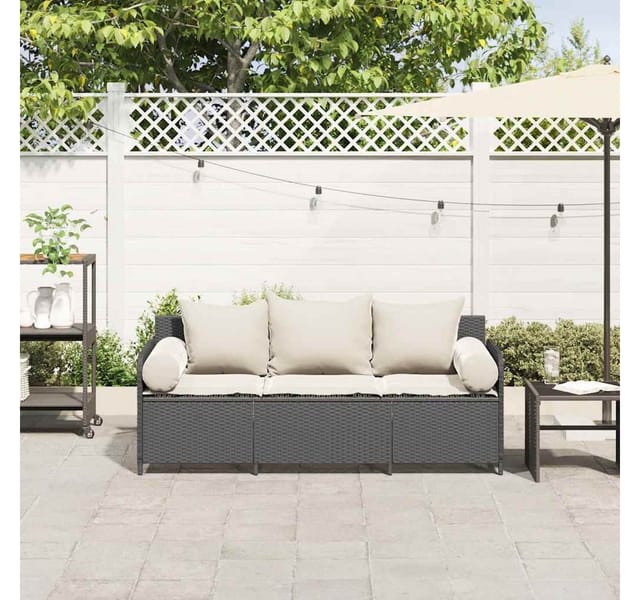 vidaXL Gartensofa mit Kissen 3-Sitzer Schwarz Poly Rattan 4104172