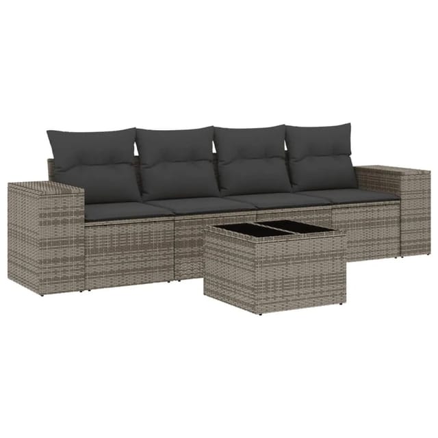vidaXL 5-Tlg Garten-Sofagarnitur mit Kissen Grau Poly Rattan 3222289